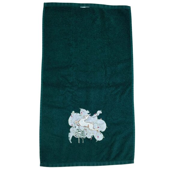 Cheri Blum Holiday Hand Towel Dark Green Gold Embroidered Deer Tree Christmas - Picture 5 of 8